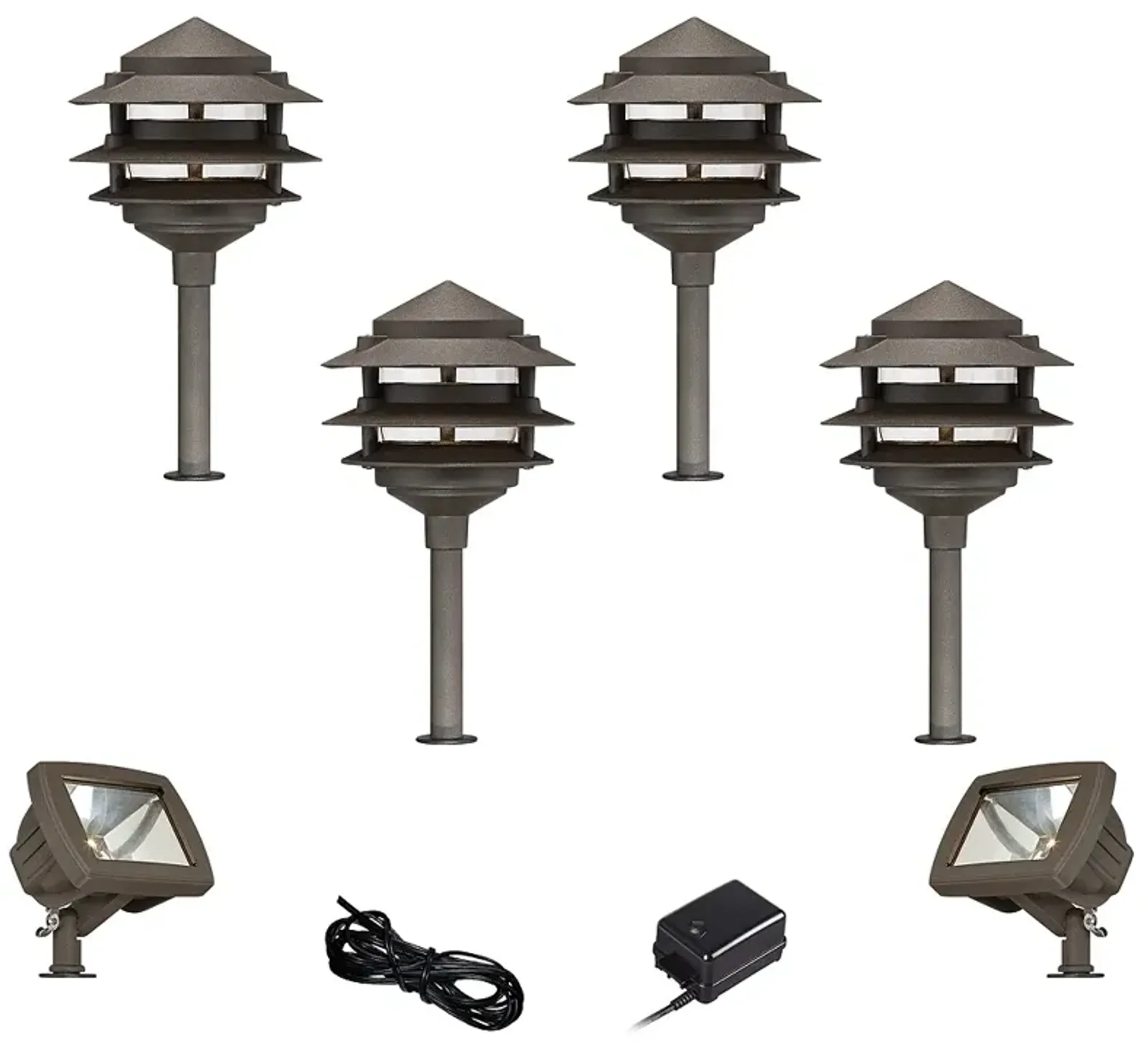 Pagoda Bronze 8-Piece LED Landscape Path and Flood Light Set