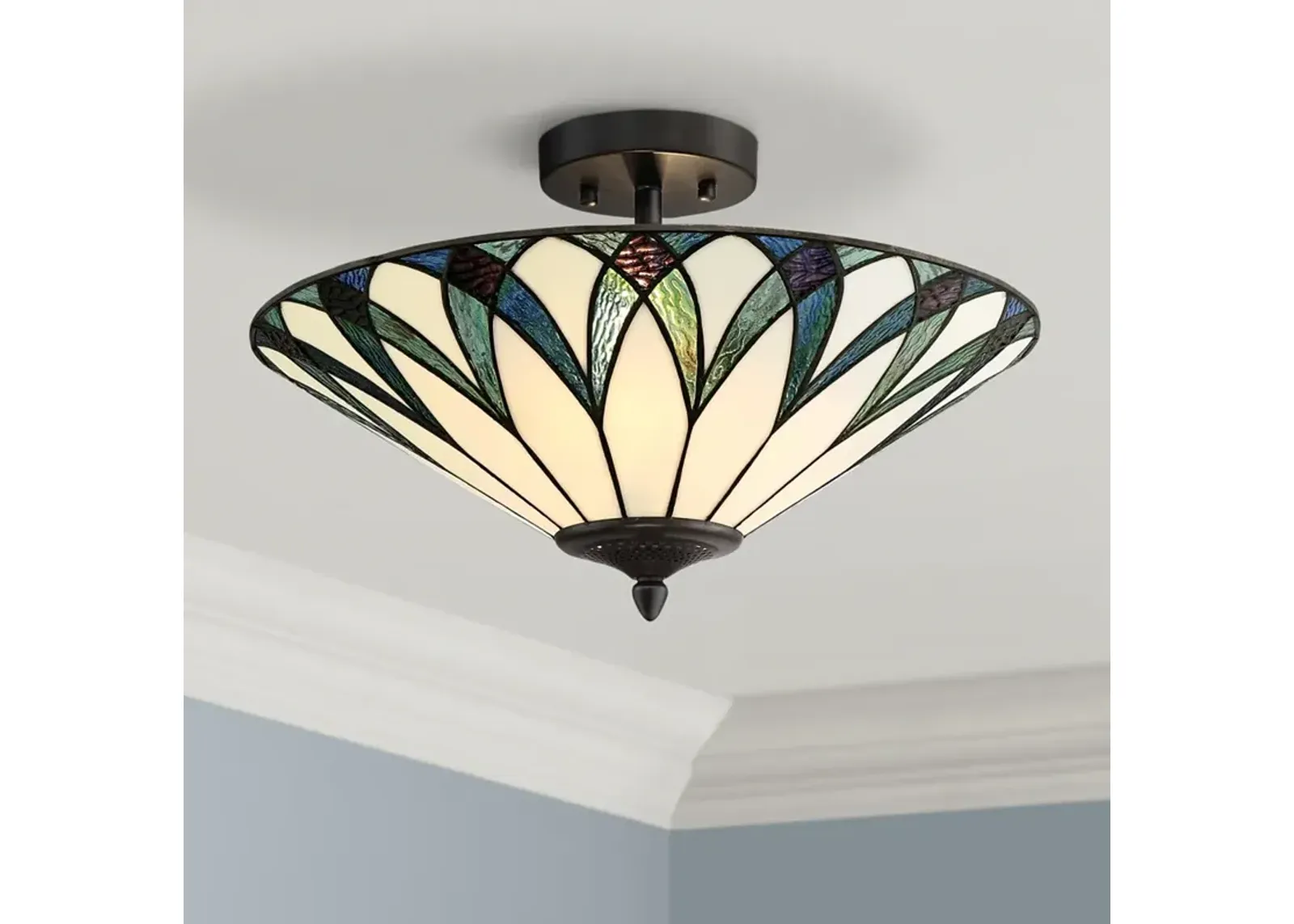 Regency Hill Filton 18" Wide Blue Tiffany Style Glass Ceiling Light