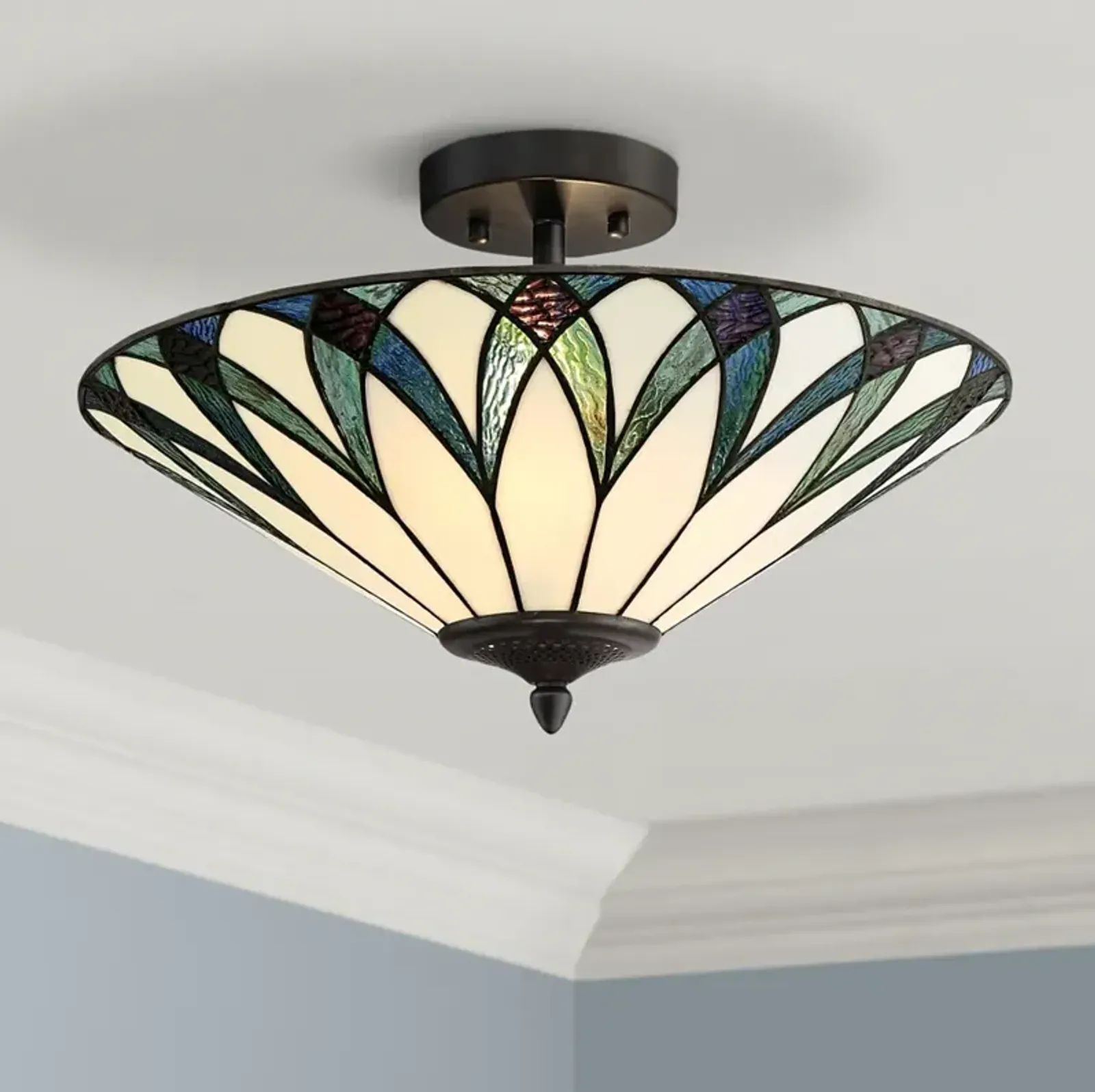 Regency Hill Filton 18" Wide Blue Tiffany Style Glass Ceiling Light