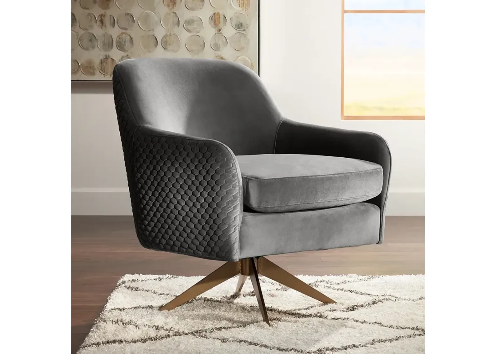 Ames Quilted Gray Velvet Swivel Chair