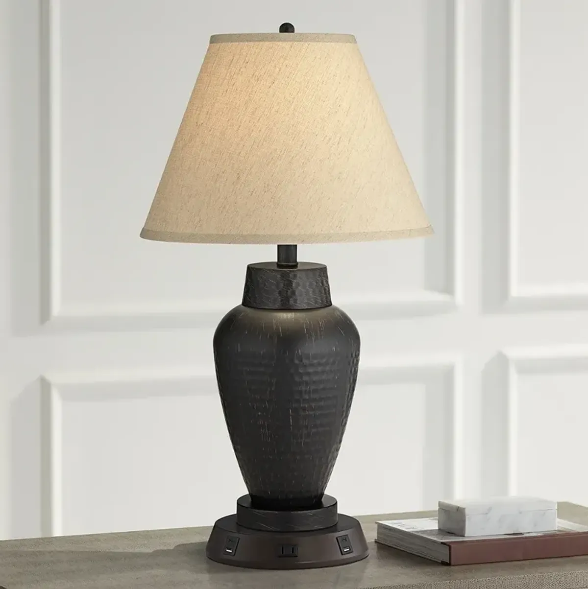 Regency Hill 25" Hammered Bronze Table Lamp with USB Workstation Base