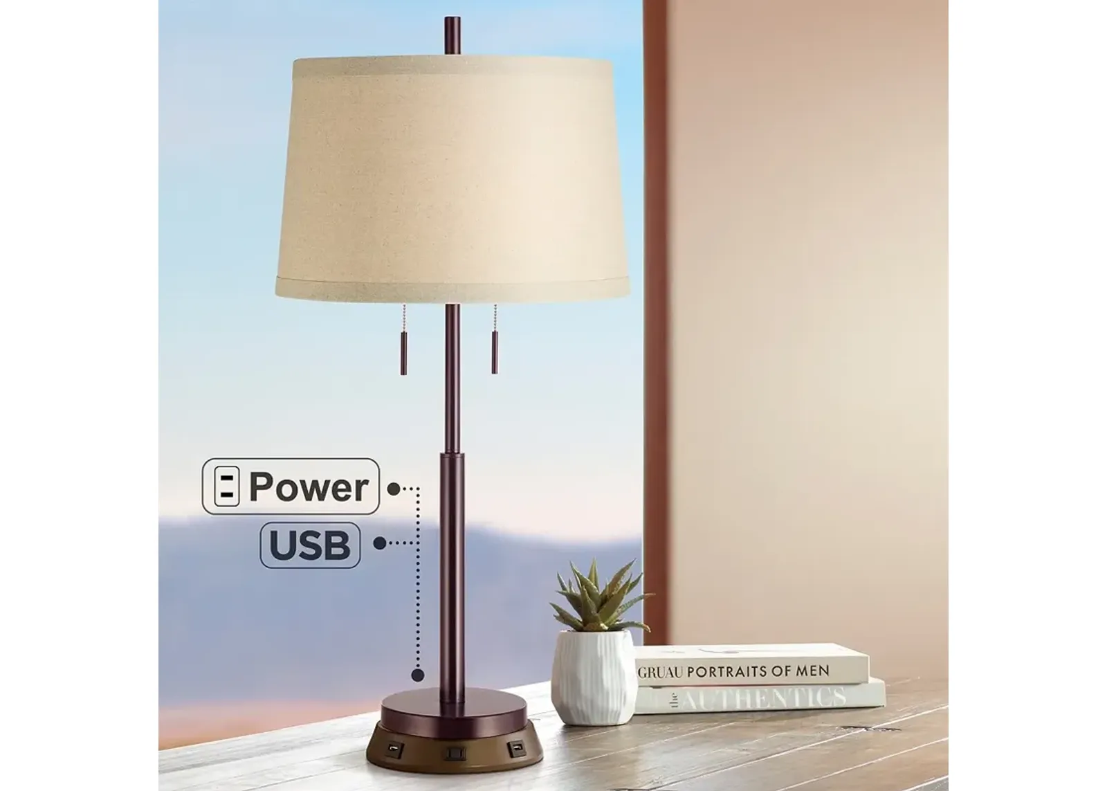 Possini Euro 34 3/4" Bronze Stick Table Lamp with USB Workstation Base