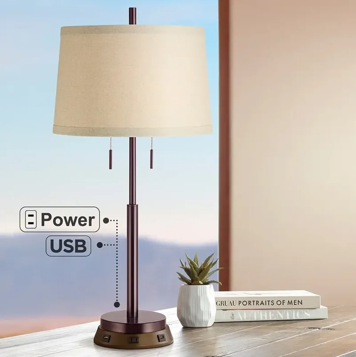 Possini Euro 34 3/4" Bronze Stick Table Lamp with USB Workstation Base