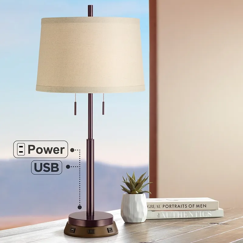 Possini Euro 34 3/4" Bronze Stick Table Lamp with USB Workstation Base