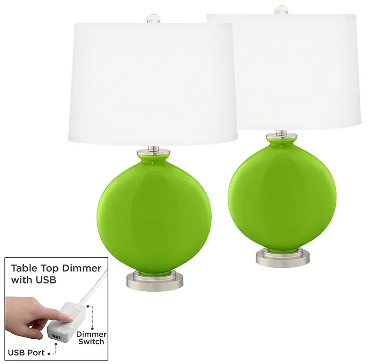 Color Plus Carrie 26 1/2" Neon Green Lamps Set of 2 with USB Dimmers