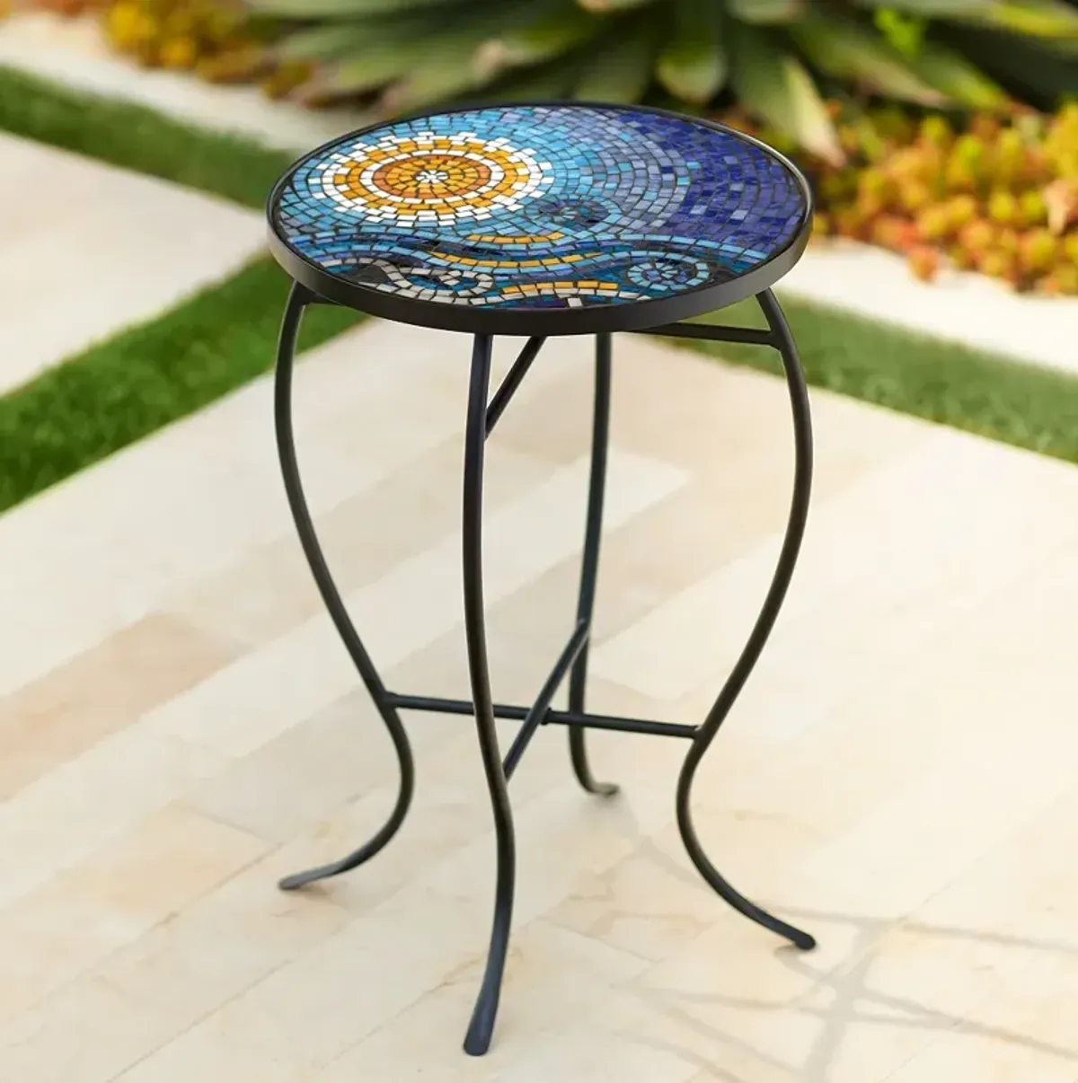 Ocean Mosaic Black Iron Outdoor Accent Table