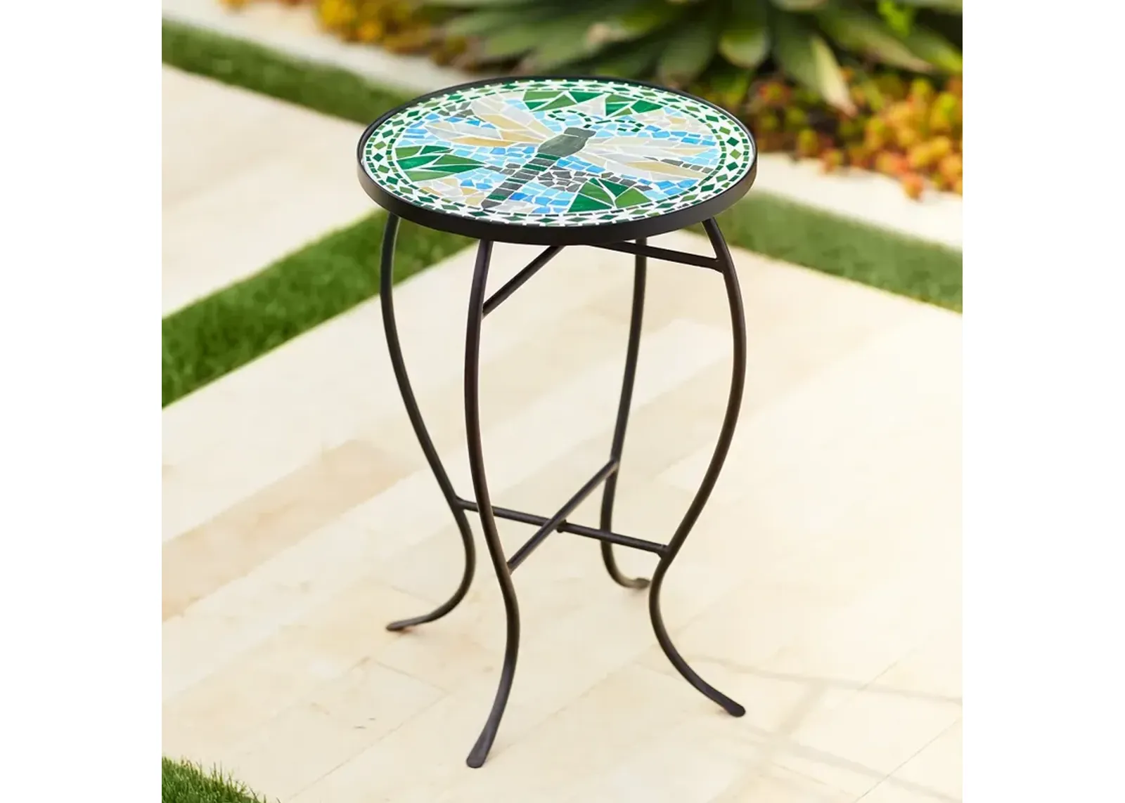 Dragonfly Mosaic Black Iron Outdoor Accent Table