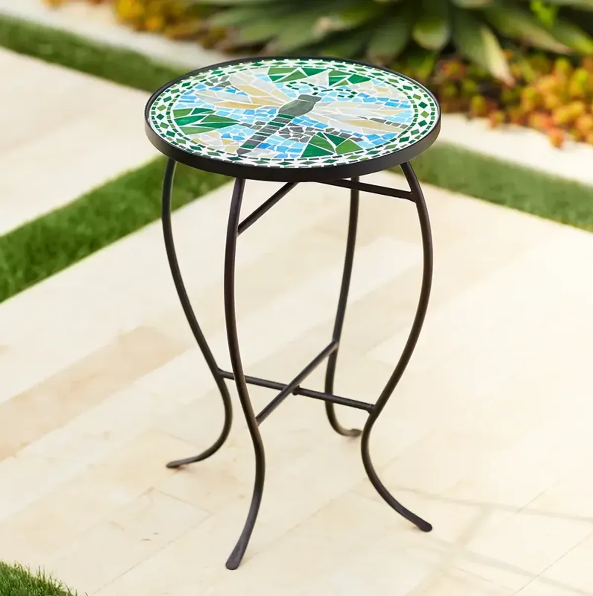 Dragonfly Mosaic Black Iron Outdoor Accent Table