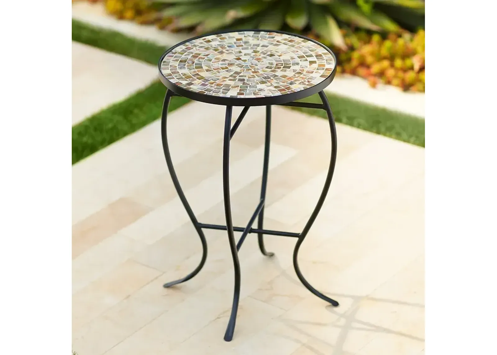 Mother of Pearl Mosaic Black Iron Outdoor Accent Table