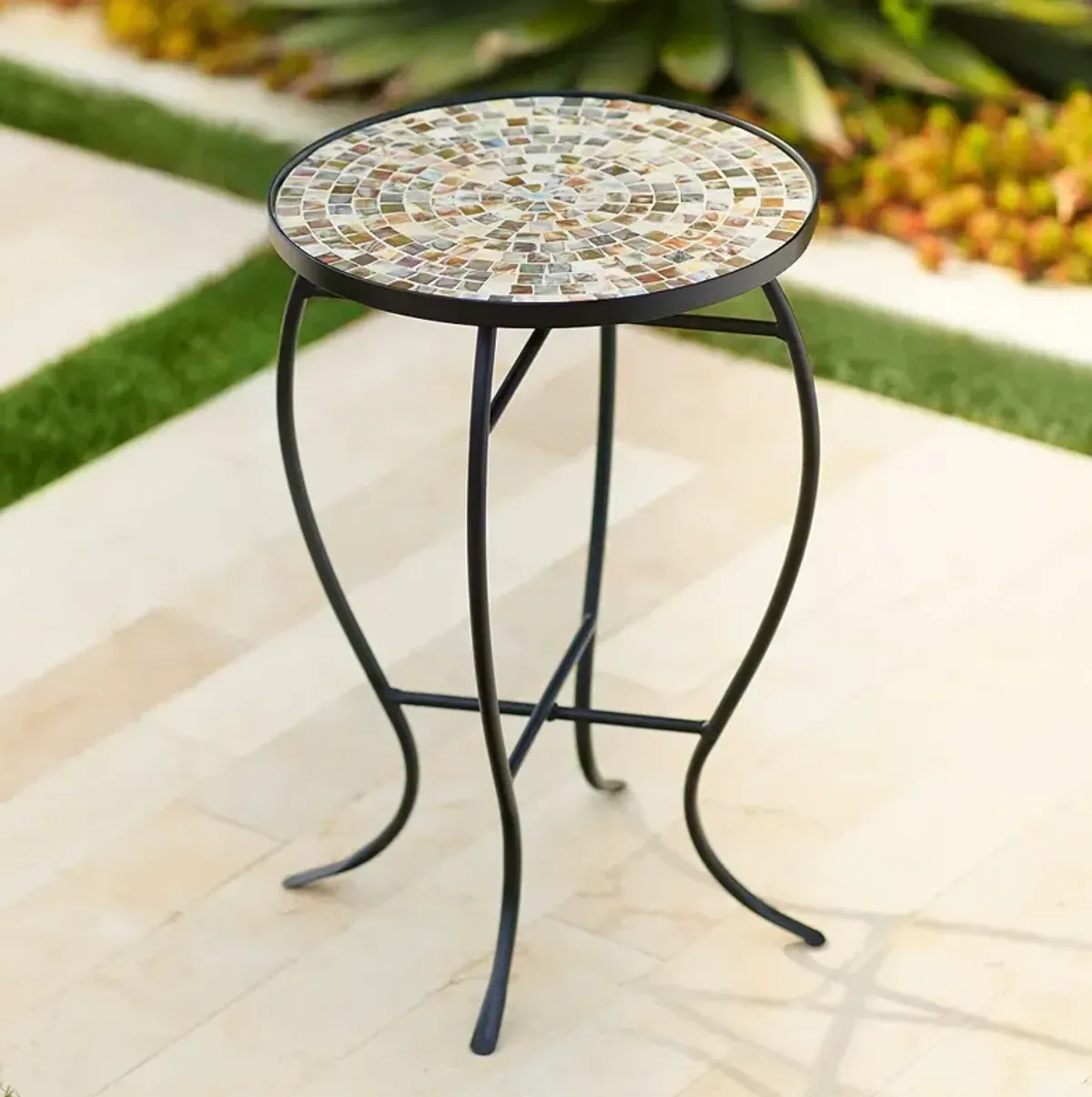 Mother of Pearl Mosaic Black Iron Outdoor Accent Table