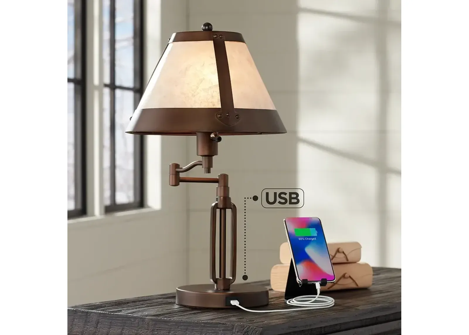 Franklin Iron Works Samuel 21 1/4" Mica Shade USB Swing Arm Desk Lamp