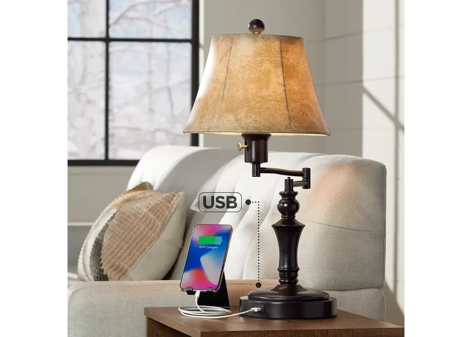 Regency Hill Corey 21 3/4" Traditional Bronze Swing Arm USB Table Lamp