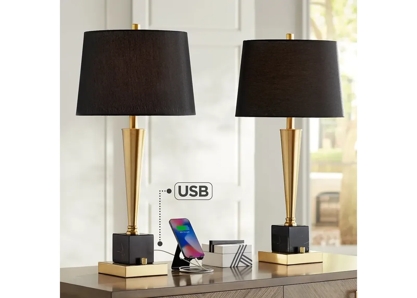 Possini Euro Wayne 29 1/4" Brass and Black Marble USB Lamps Set of 2