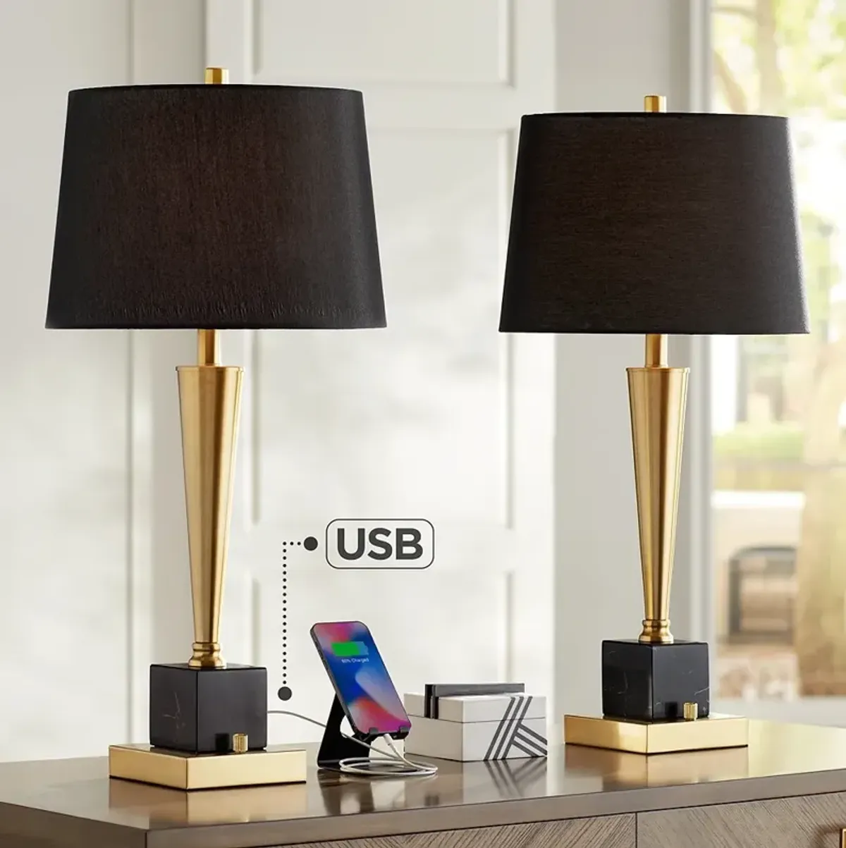 Possini Euro Wayne 29 1/4" Brass and Black Marble USB Lamps Set of 2