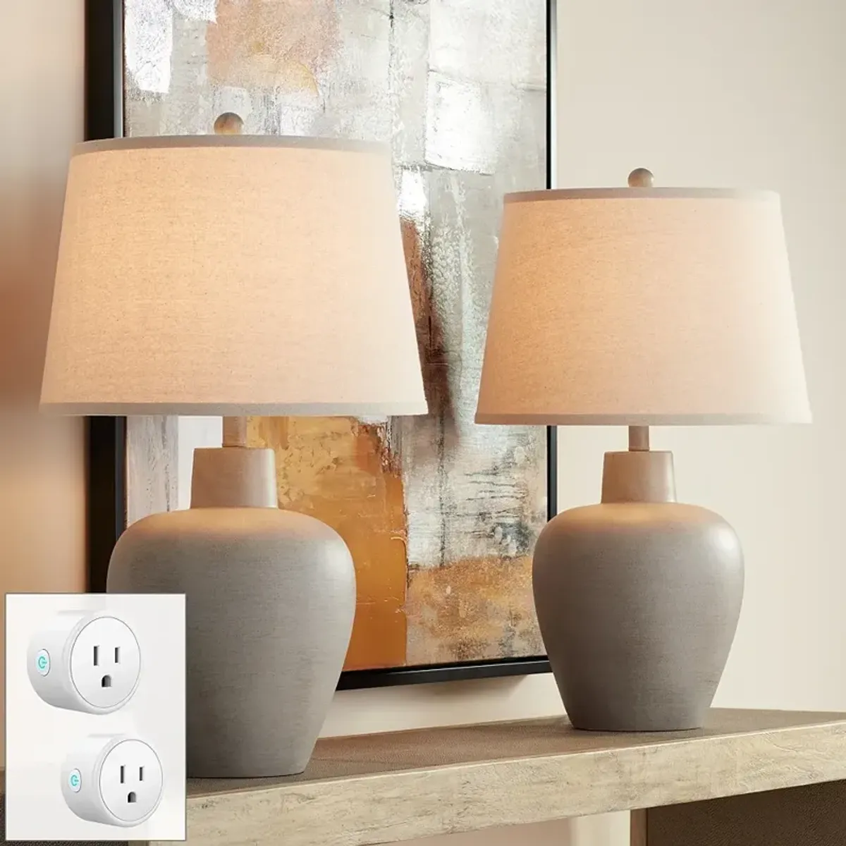 Regency Hill Glenn 27" Gray Terra Cotta Lamps Set with Smart Sockets