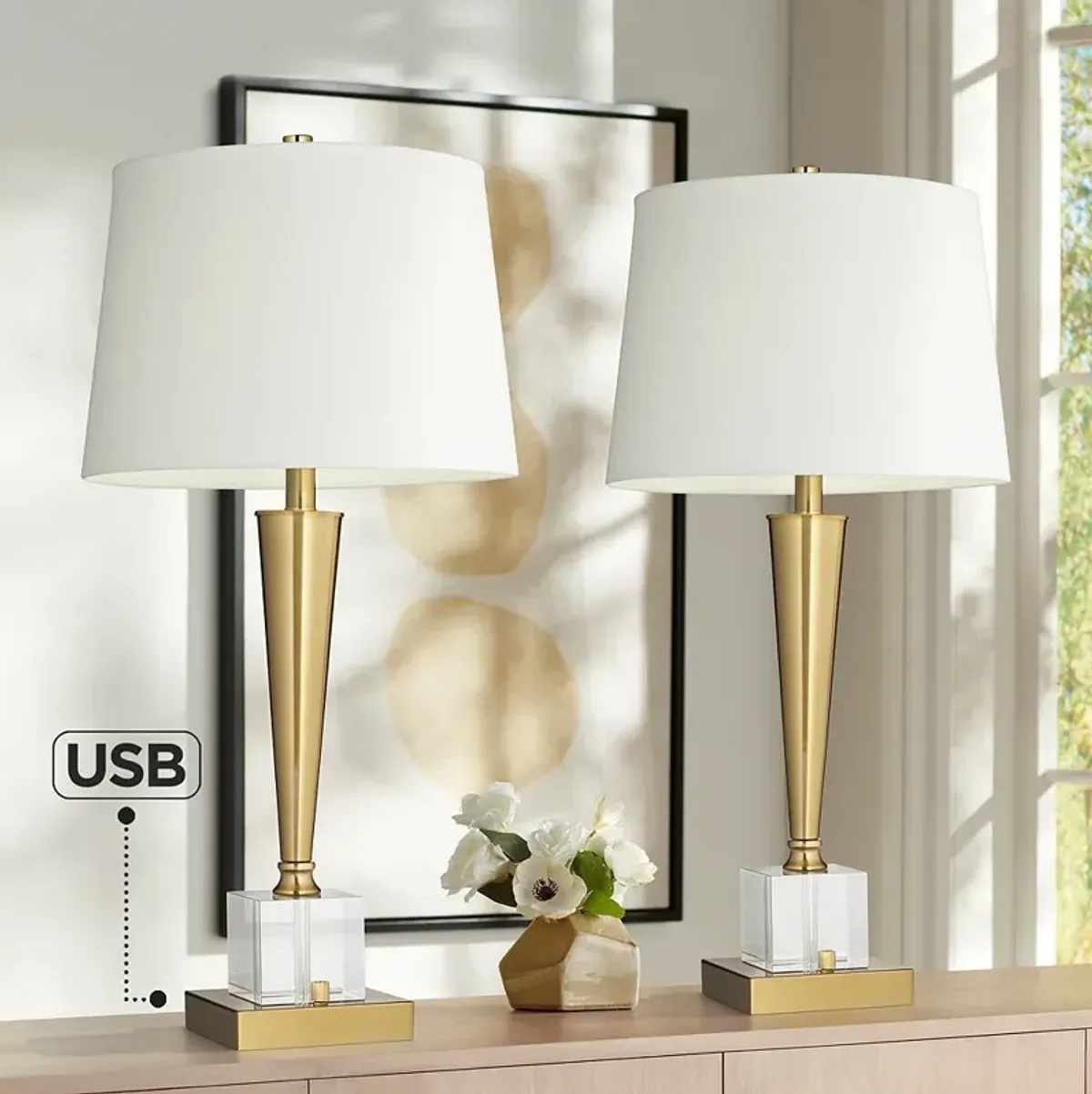 Possini Euro Wayne 29 1/4"  Brass and Crystal USB Lamps Set of 2