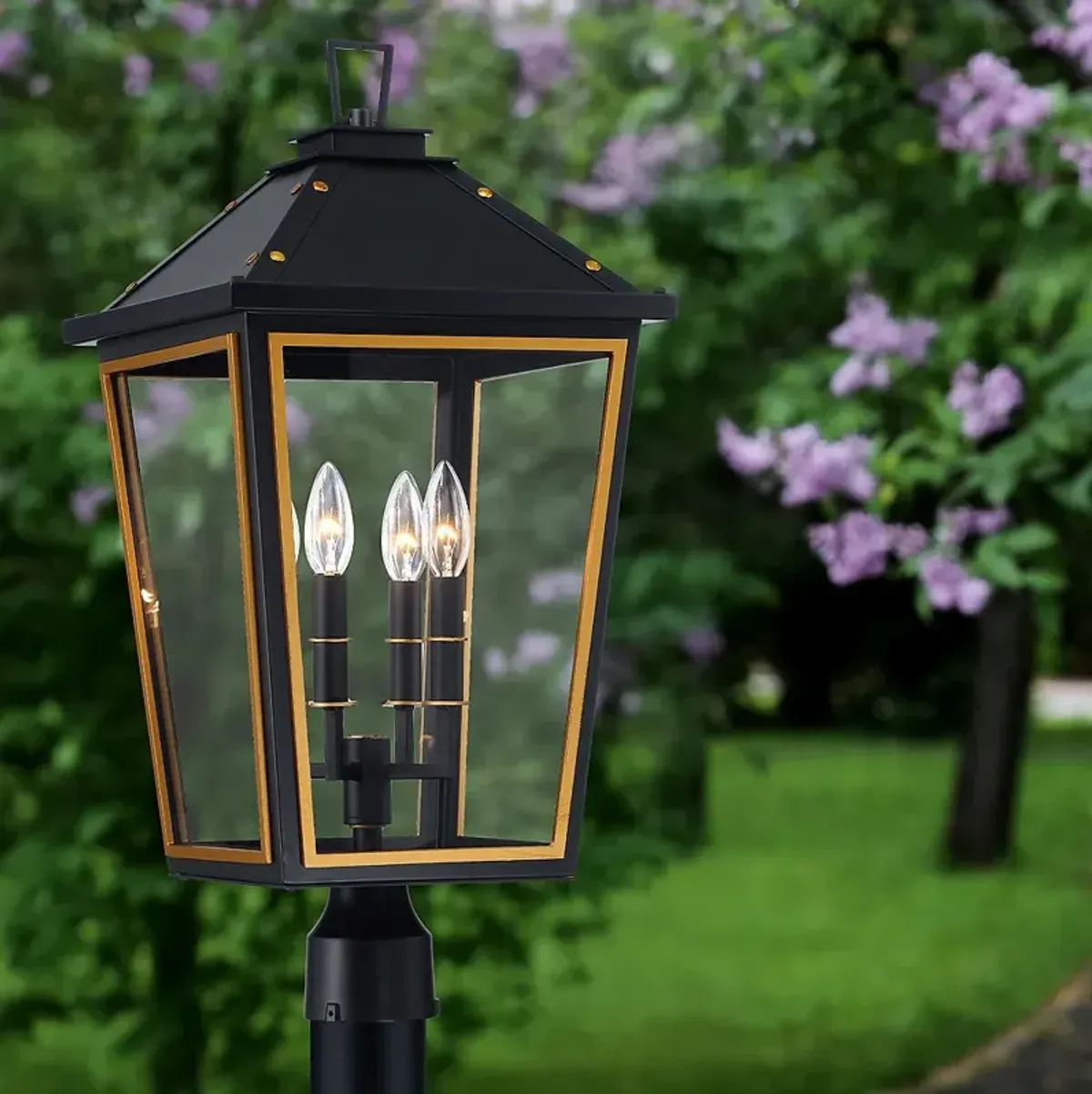 Hawkins 4 Light Matte Black + Textured Gold Outdoor Post