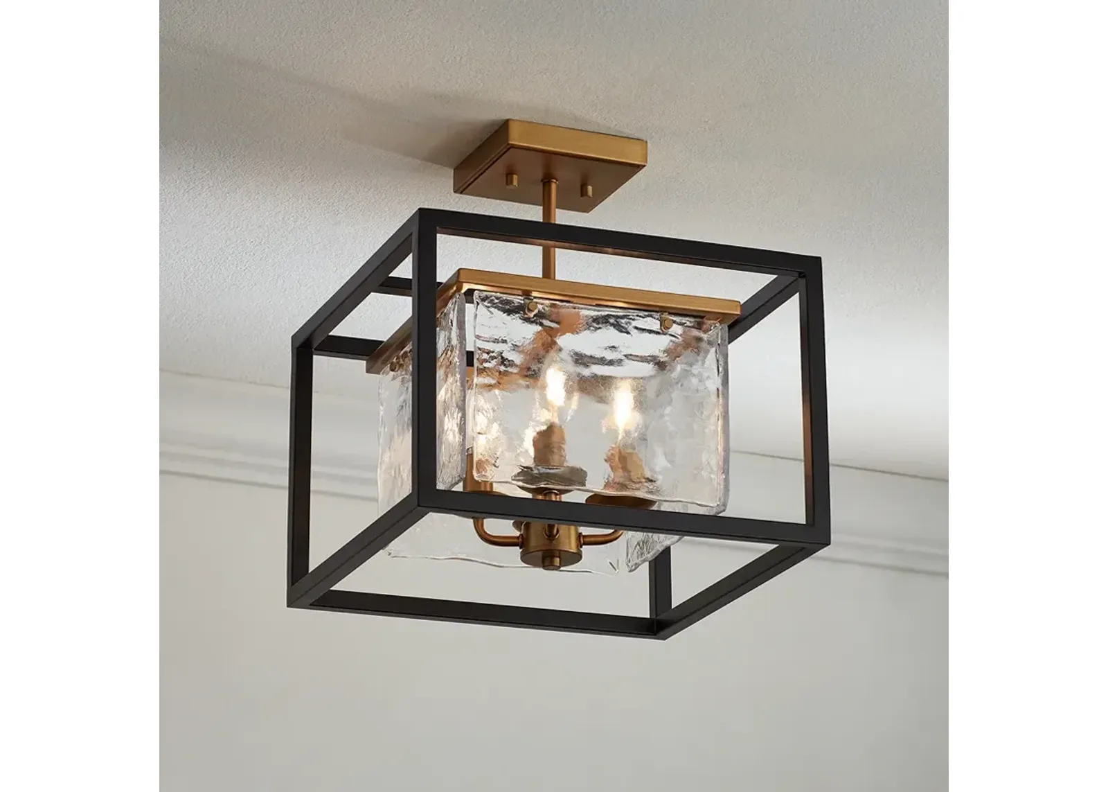 Possini Euro Liston 14" Wide Ice Glass Black and Brass Ceiling Light