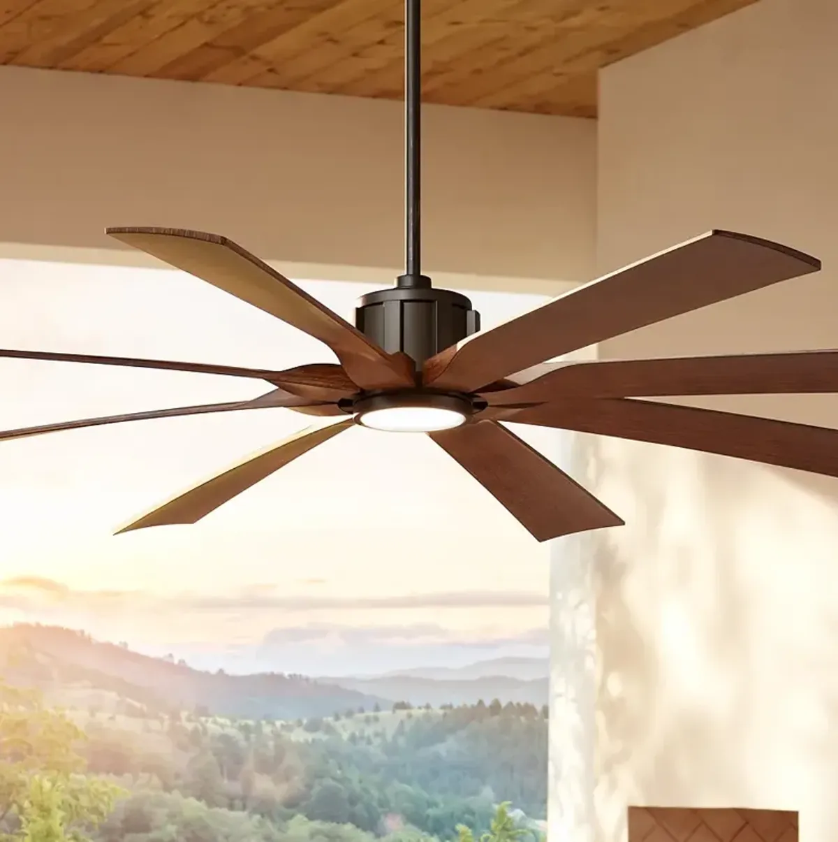 70" Possini Defender Bronze Koa LED Large Damp Ceiling Fan with Remote