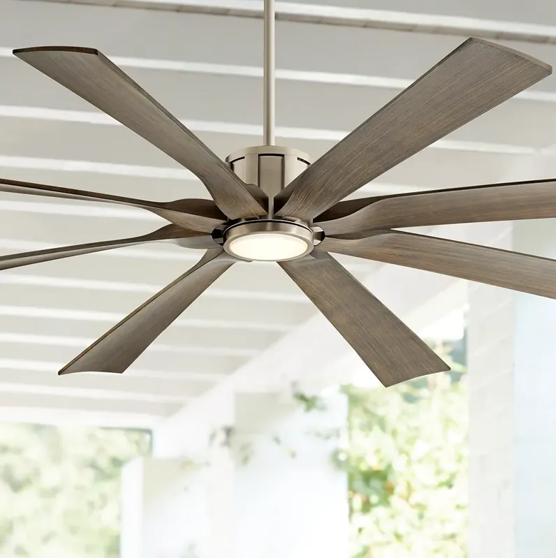 70" Defender Nickel and Oak Damp Rated LED Ceiling Fan with Remote