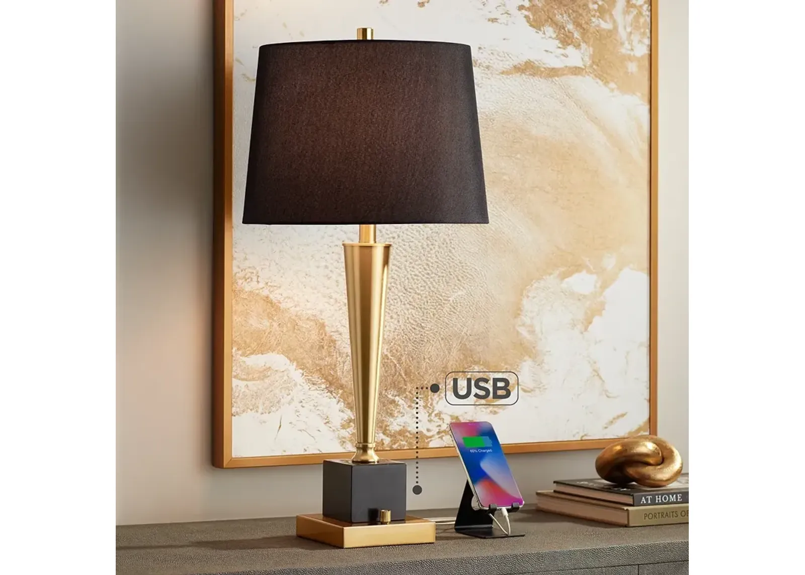 Possini Euro Wayne 29 1/4" Brass and Marble Table Lamp with USB Ports