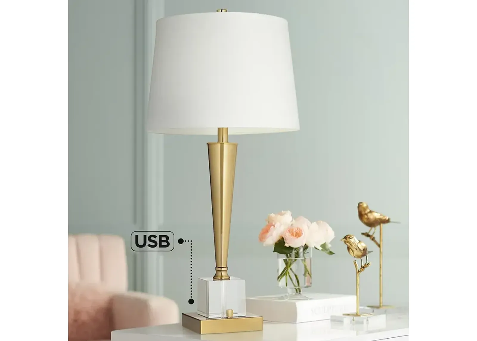 Possini Euro Wayne 29 1/4" Brass Finish Crystal USB Table Lamp