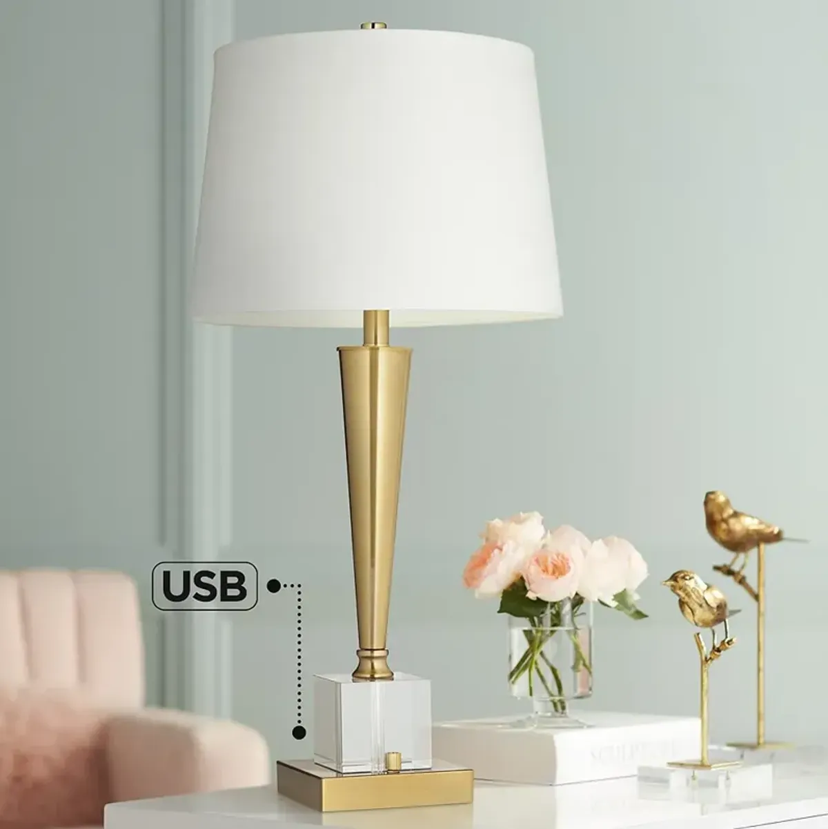 Possini Euro Wayne 29 1/4" Brass Finish Crystal USB Table Lamp