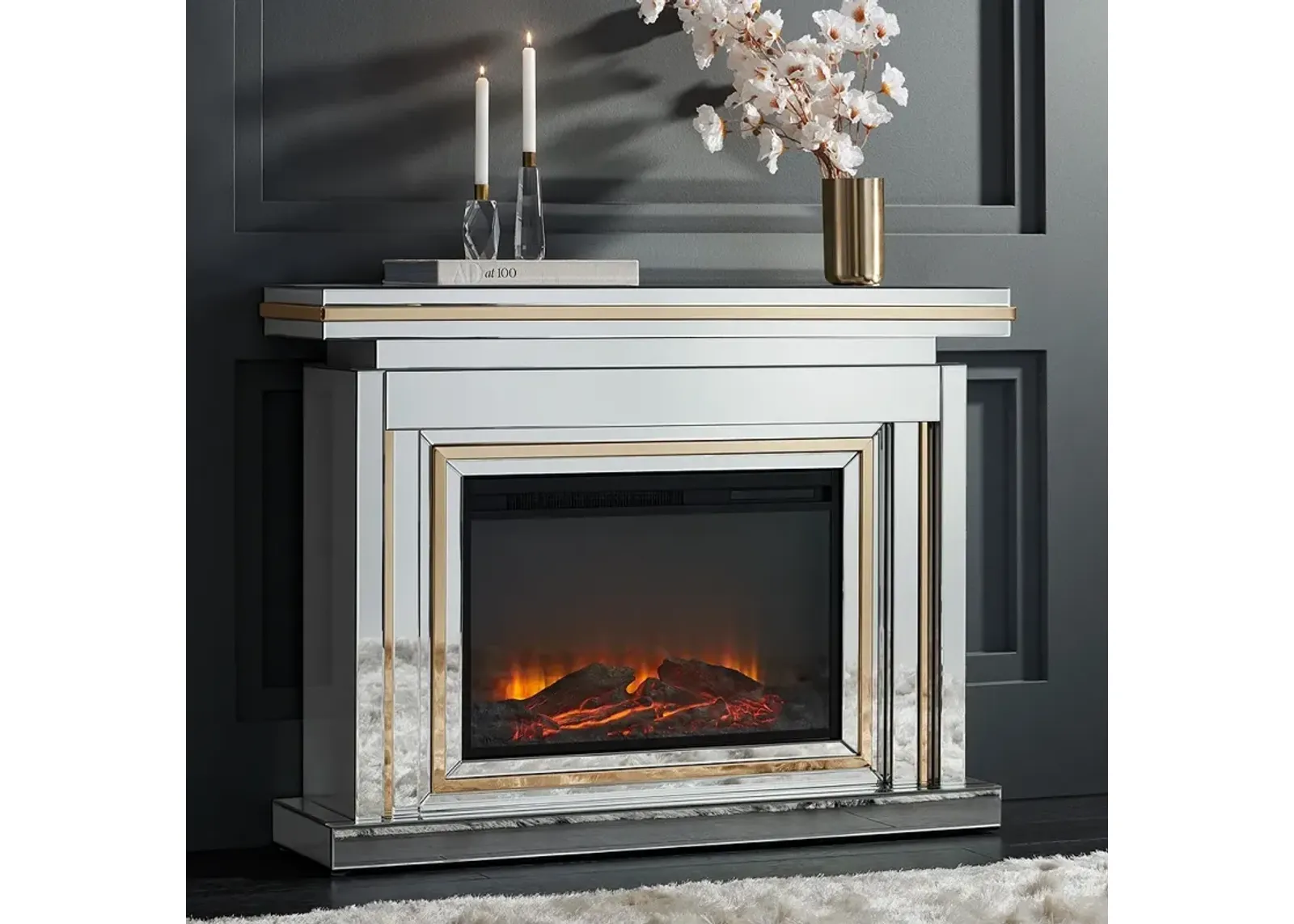 Laila 47 1/2" Wide Mirrored and Gold Electric Fireplace