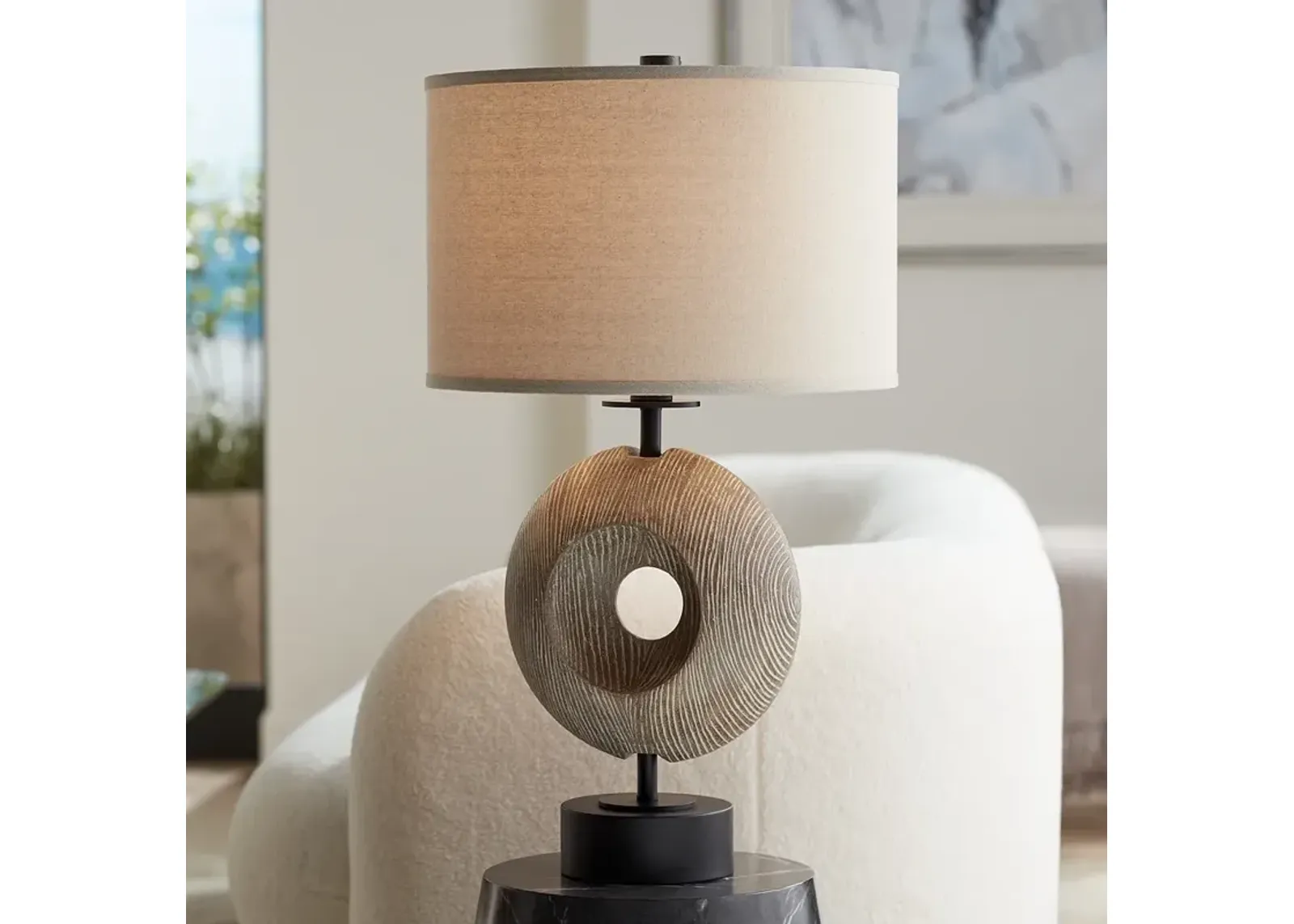 Possini Euro Modern Ring 30" High Coastal Faux Wood USB Table Lamp