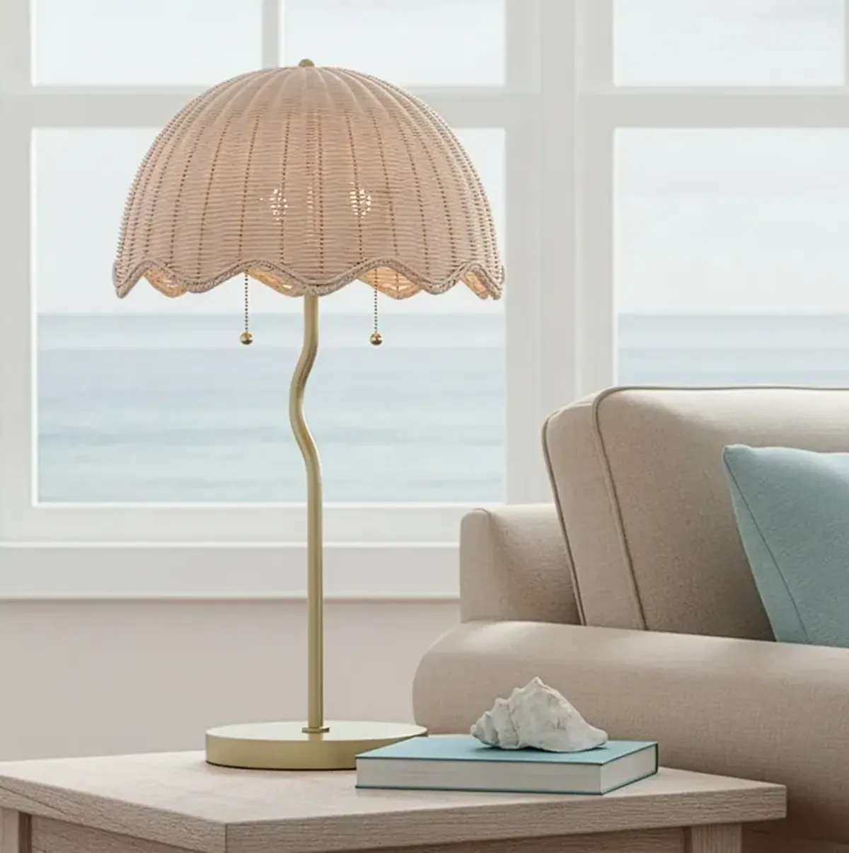 Possini Euro Brella 24 1/4"H Soft Gold and Rattan 2-Light Table Lamp