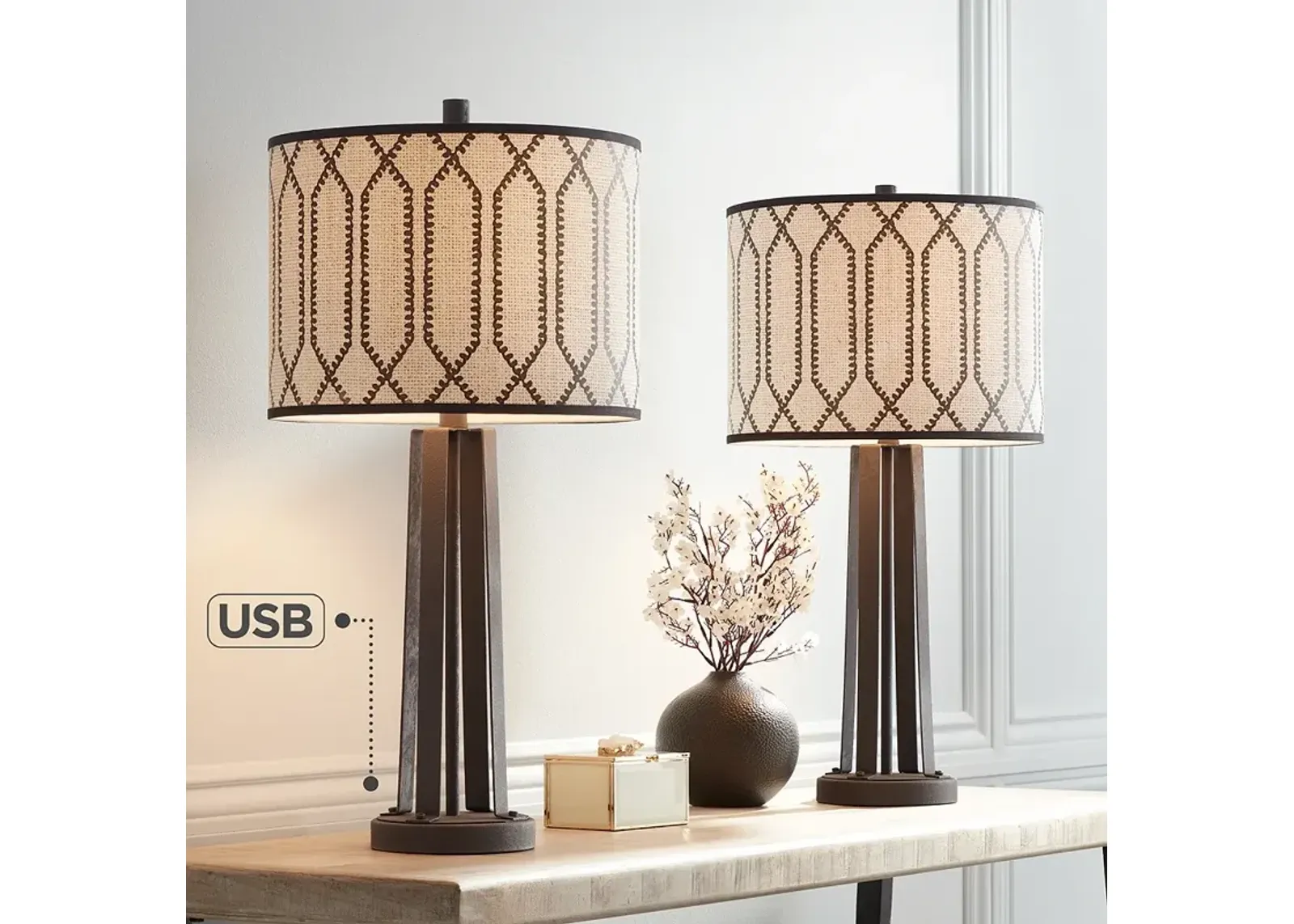 Rustic Chic Susan Dark Bronze USB Table Lamps Set of 2