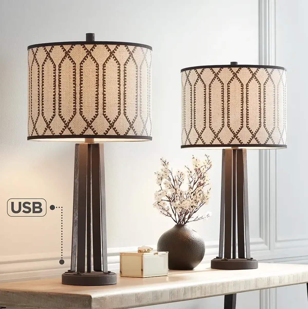 Rustic Chic Susan Dark Bronze USB Table Lamps Set of 2