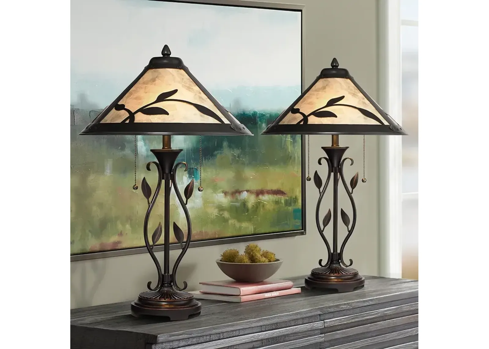 Franklin Iron Works 23 3/4" Leaf and Vine Mica Shade Lamps Set of 2