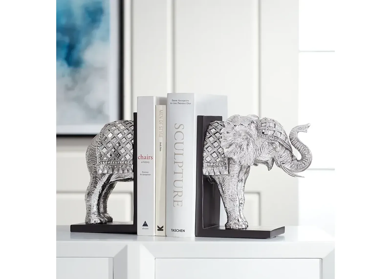 Elephant 9 1/4" High Silver Book Ends