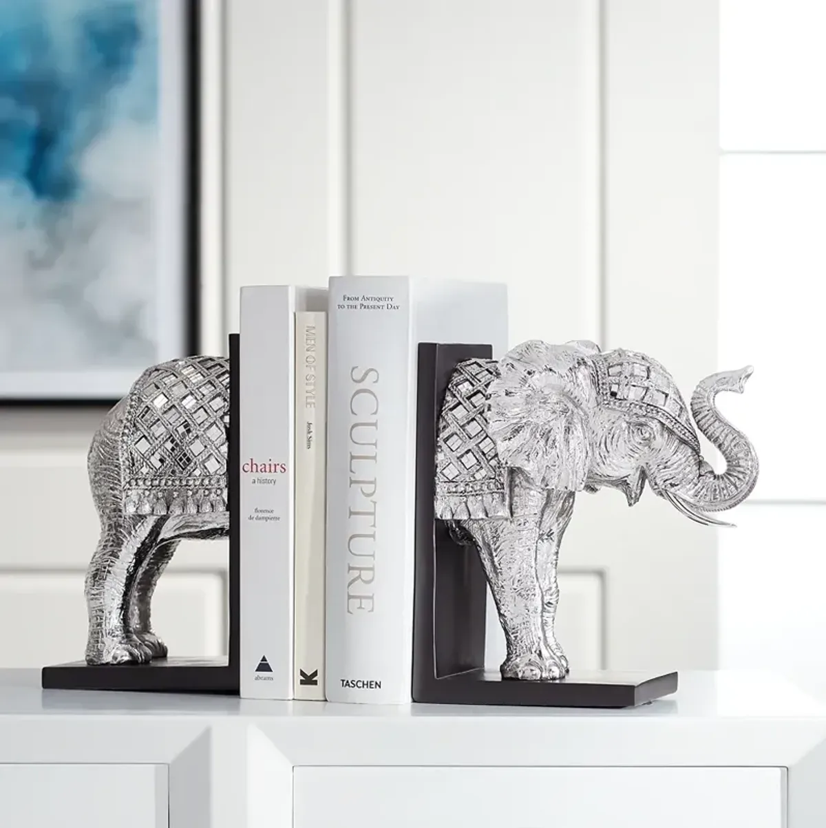 Elephant 9 1/4" High Silver Book Ends