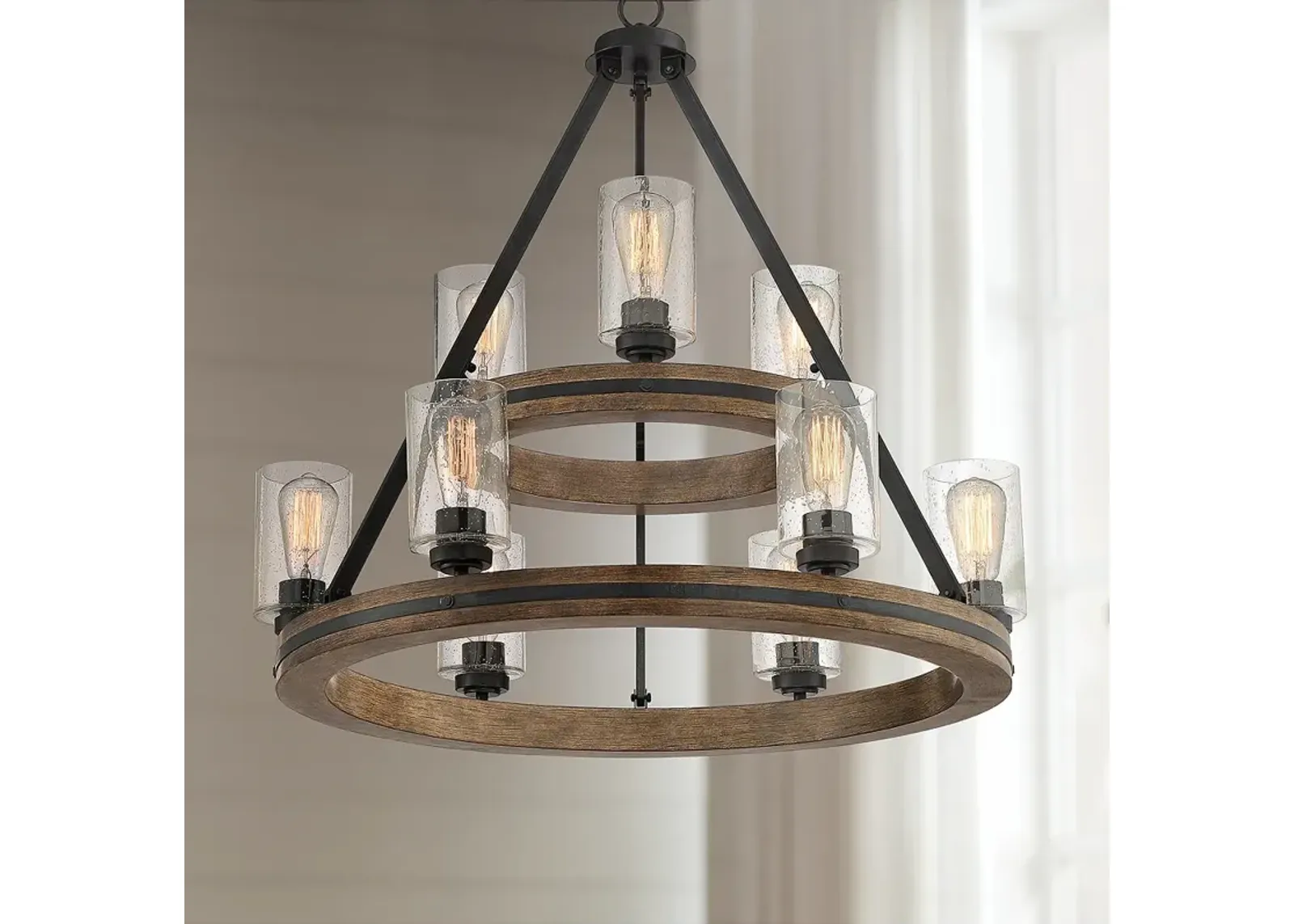 Franklin Iron Gorham 32" Wagon Wheel 2-Tier 9-Light Ring Chandelier