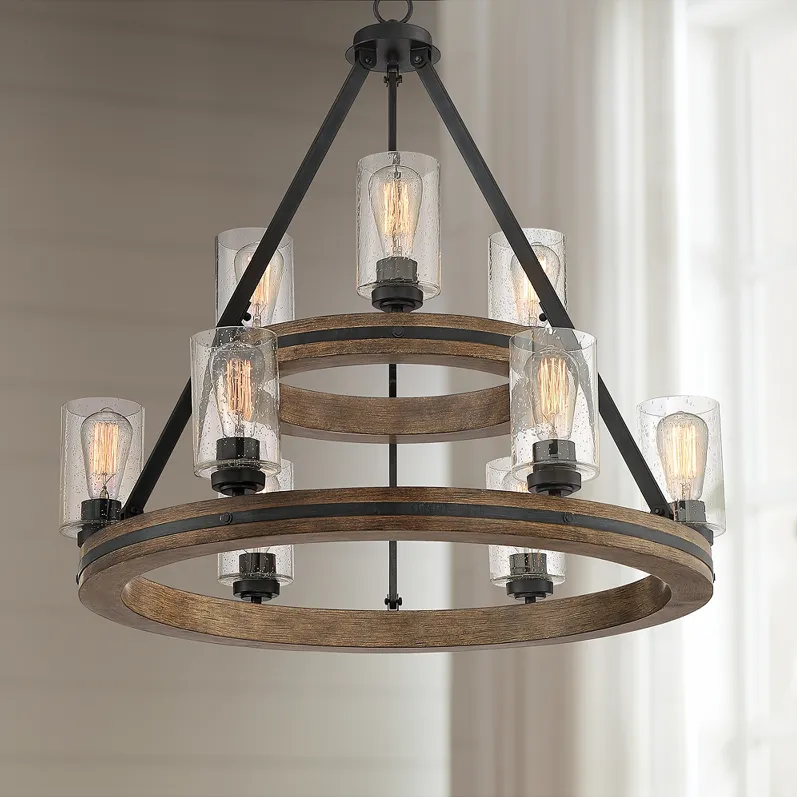 Franklin Iron Gorham 32" Wagon Wheel 2-Tier 9-Light Ring Chandelier