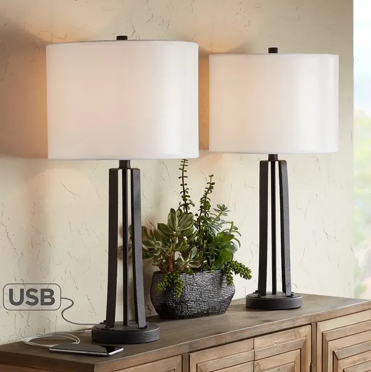 Susan Dark Bronze USB Table Lamps Set of 2