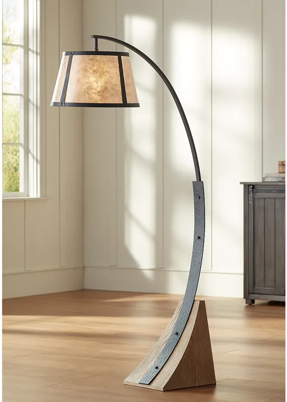 Franklin Iron Works Oak River 66 1/2" Gray Blond Mica Arc Floor Lamp