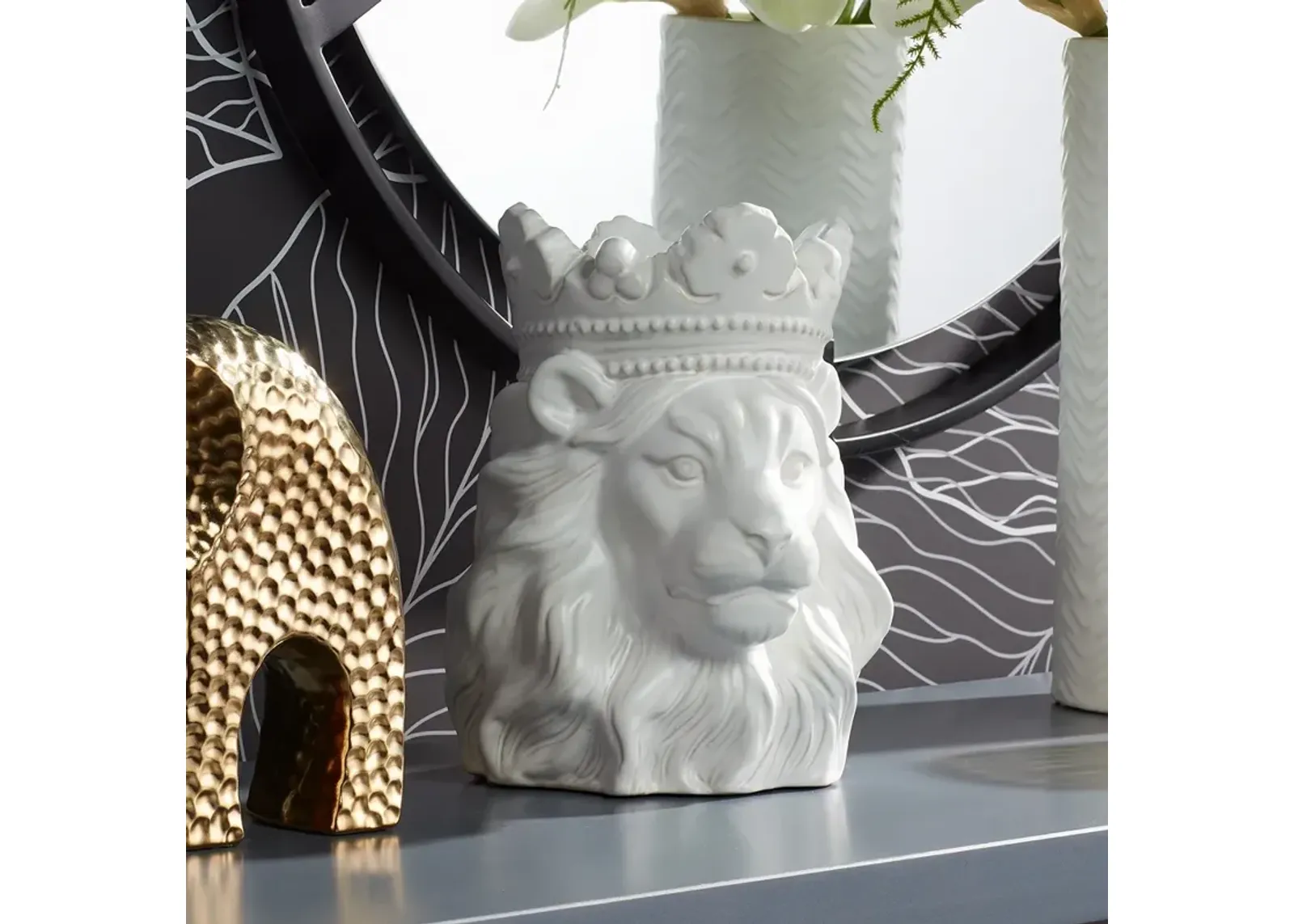 Lion Bust with Crown 9" High Matte White Figurine