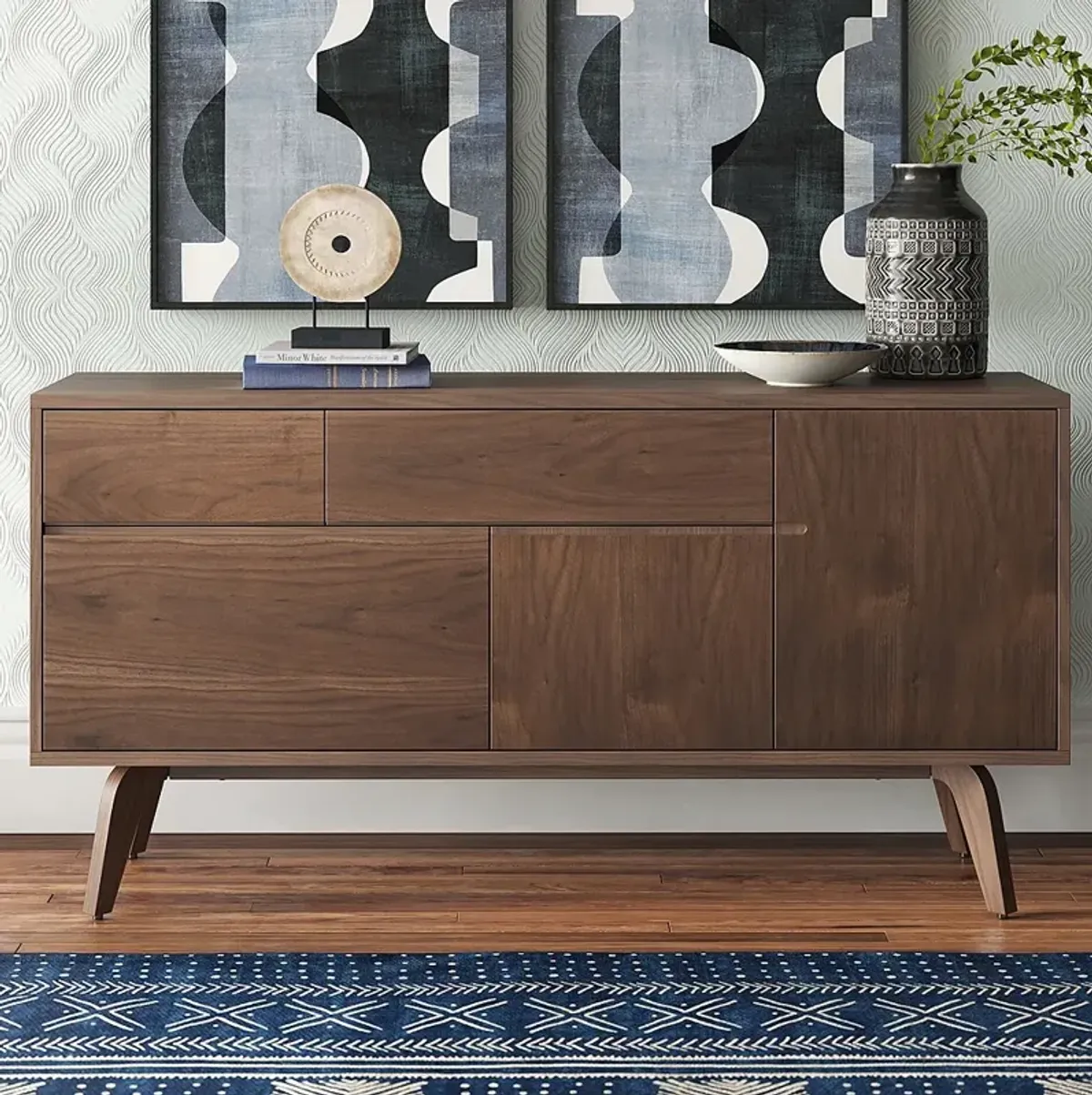 Lawrence 59" Wide Walnut Veneered 3-Drawer 2-Door Sideboard