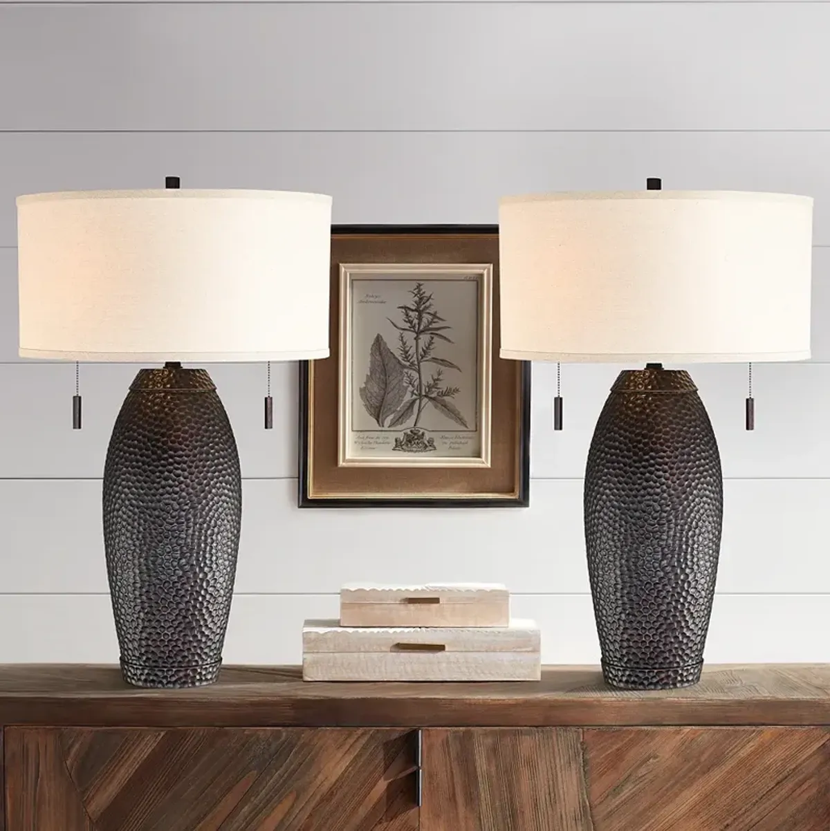 Noah Rustic Vase Hammered Bronze Pull Chain Lamps Set of 2