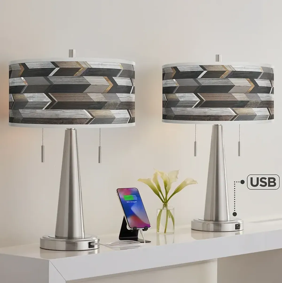 Giclee Glow Woodwork Arrows Vicki Brushed Nickel USB Table Lamps Set of 2