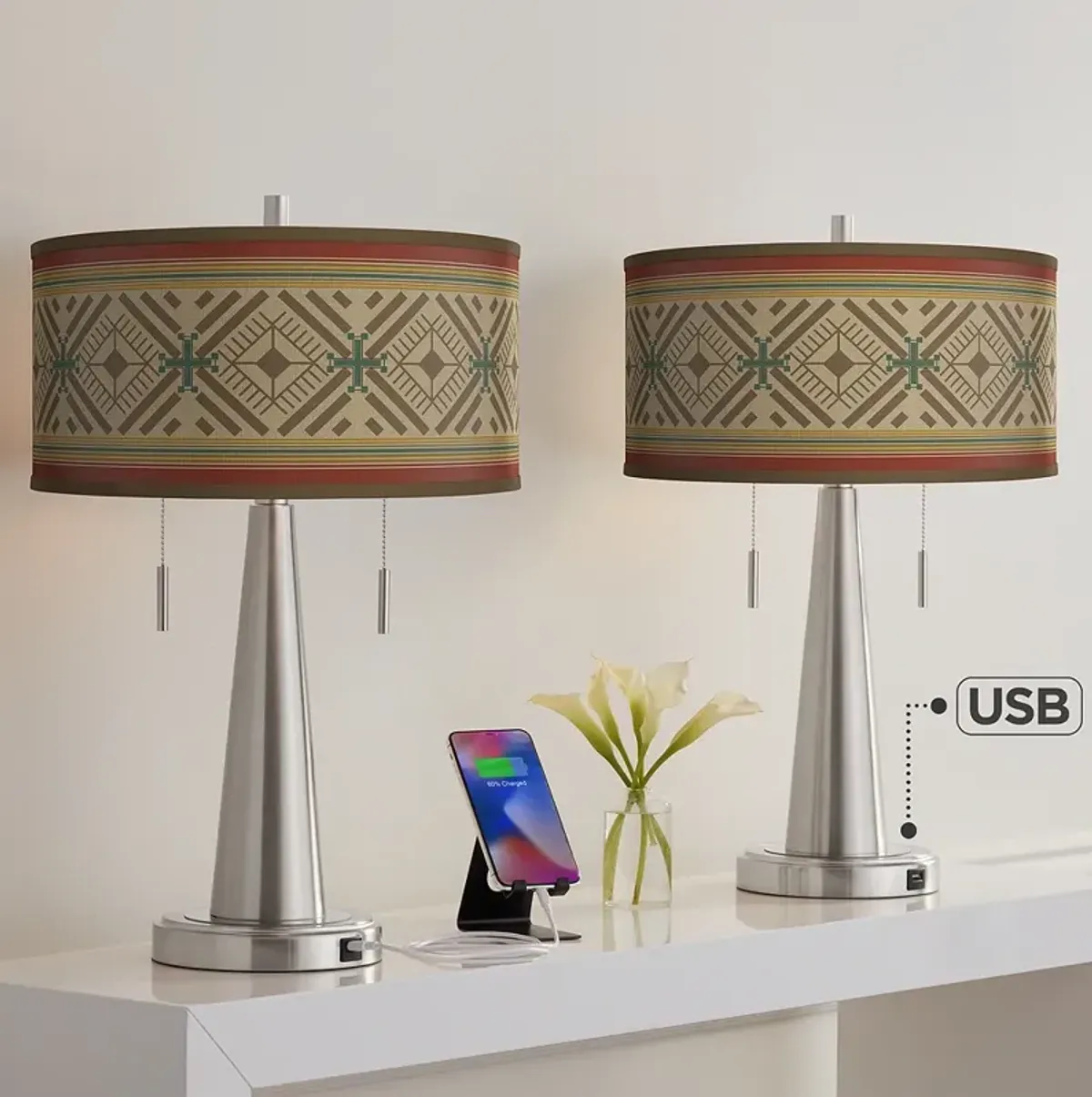Desert Diamonds Vicki Brushed Nickel USB Table Lamps Set of 2