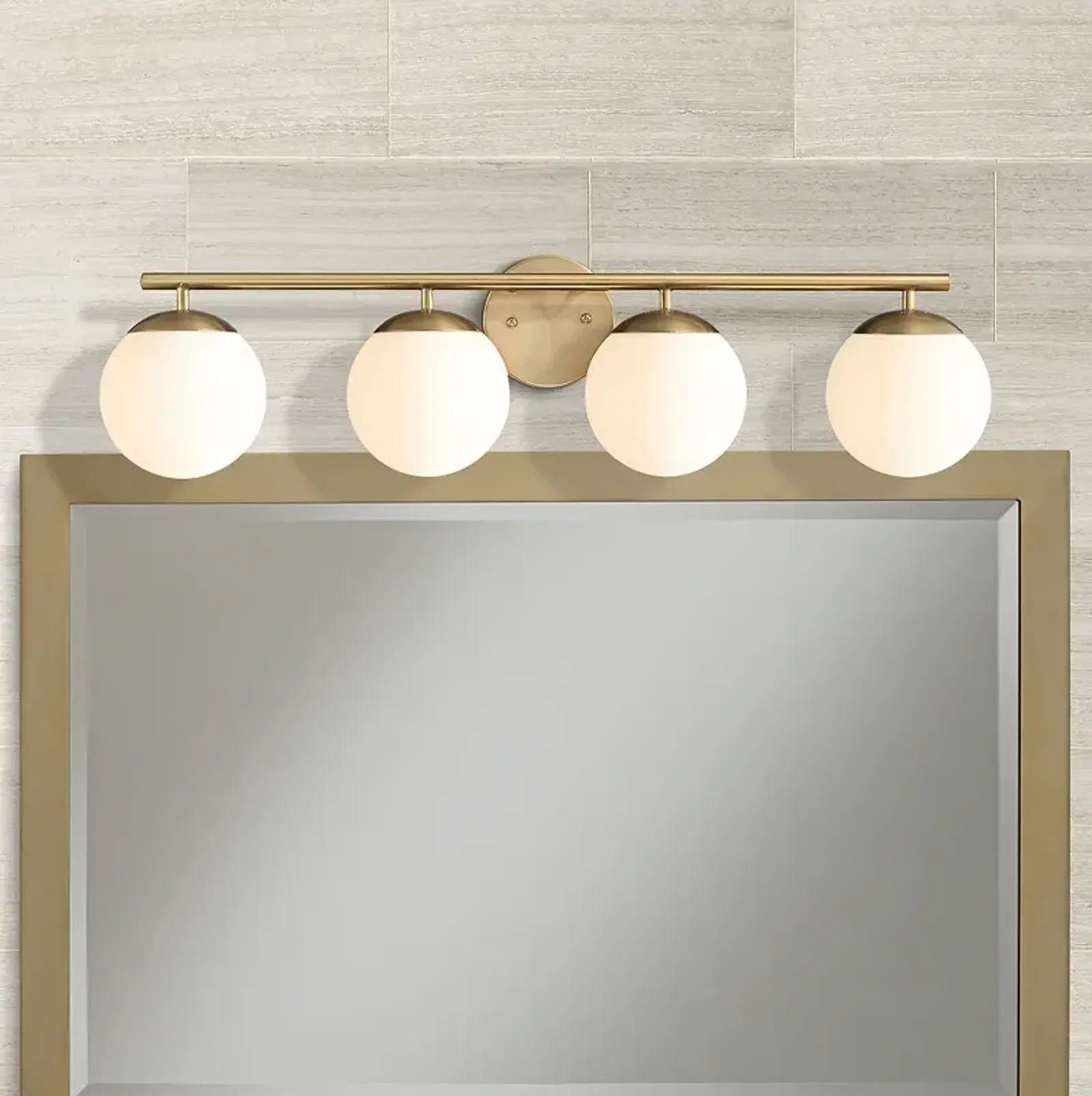 Possini Euro Meridian 31 1/2" Gold and White Glass 4-Light Bath Light