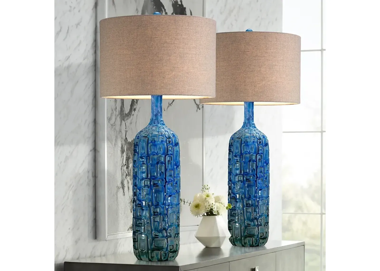 Possini Euro 36" Teal Blue Modern Ceramic Table Lamps Set of 2