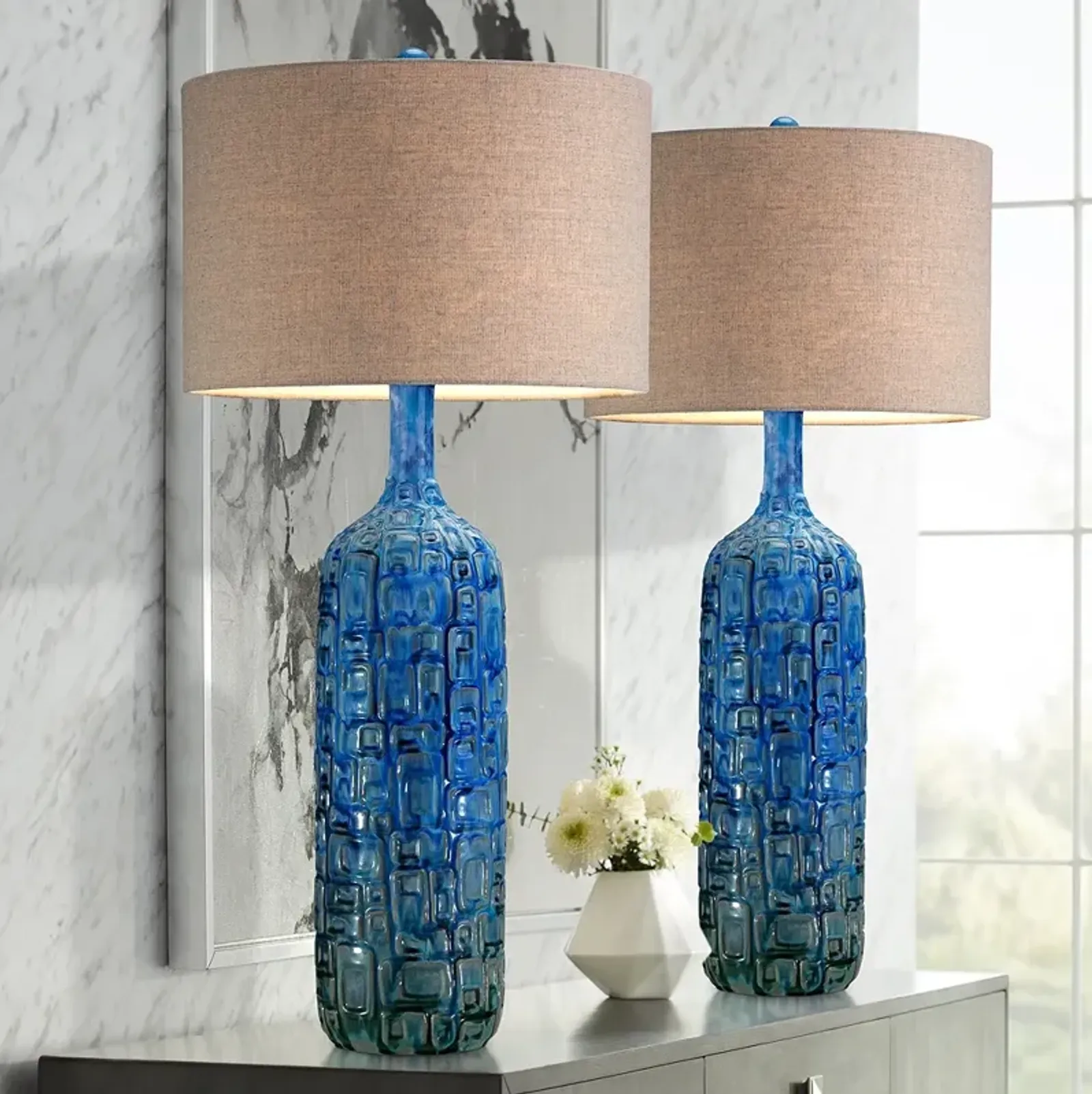 Possini Euro 36" Teal Blue Modern Ceramic Table Lamps Set of 2