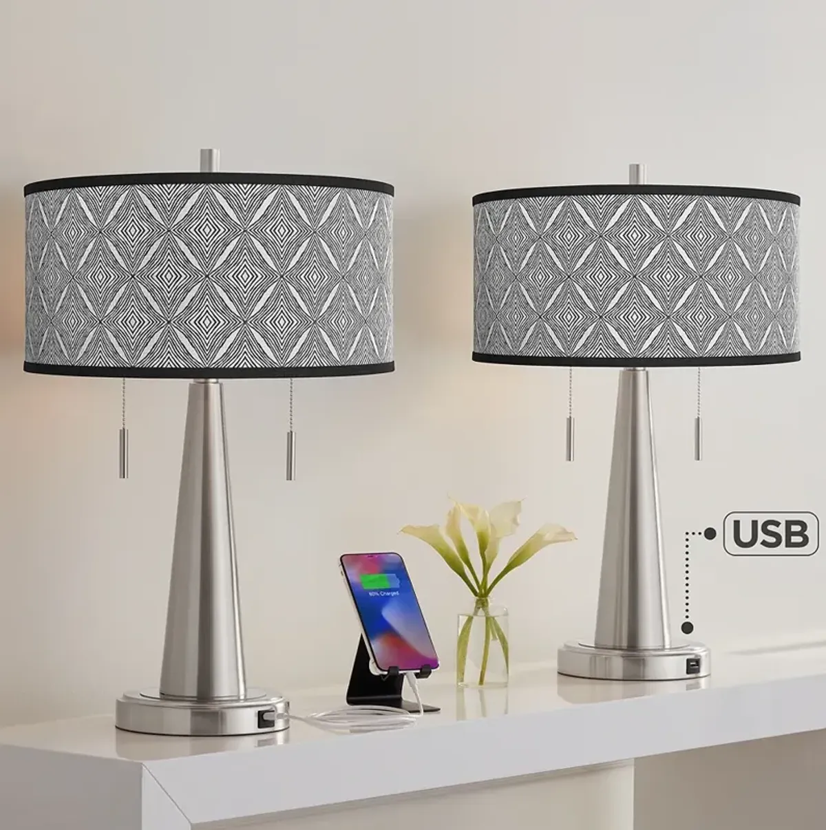 Moroccan Diamonds II Vicki Nickel USB Table Lamps Set of 2