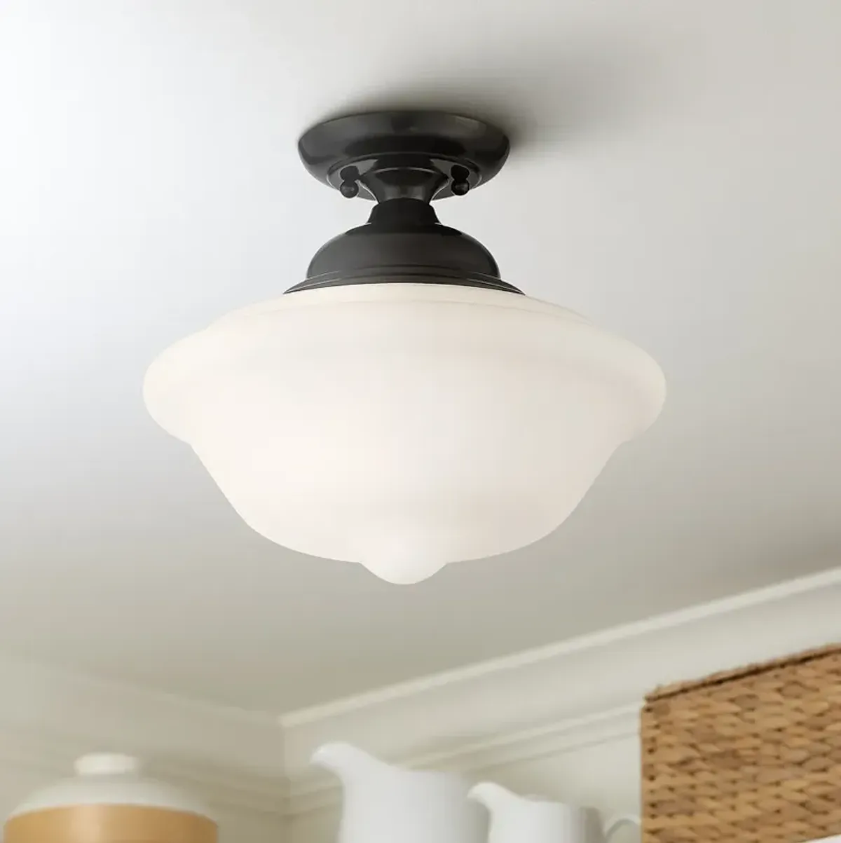 Regency Hill Schoolhouse 13" Gloss Black White Glass Ceiling Light