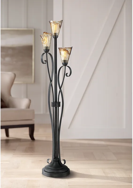 Franklin Iron Gardena 65 1/2" Amber Glass 3-Light Tree Floor Lamp